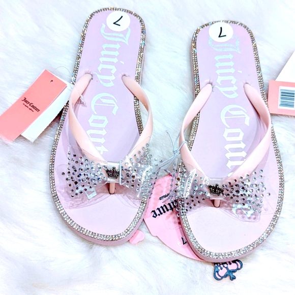 Juicy Couture Baby Pink Flip Flops With clear sparking rhinestone bows - Picture 1 of 10